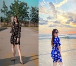 Nella Kenakan Gaun Motif Bunga Warna Gelap,  Kalau Via Pakai Biru