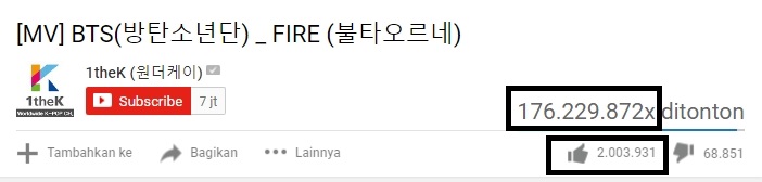 Total Likes dan Viewers untuk MV 'Fire' BTS
