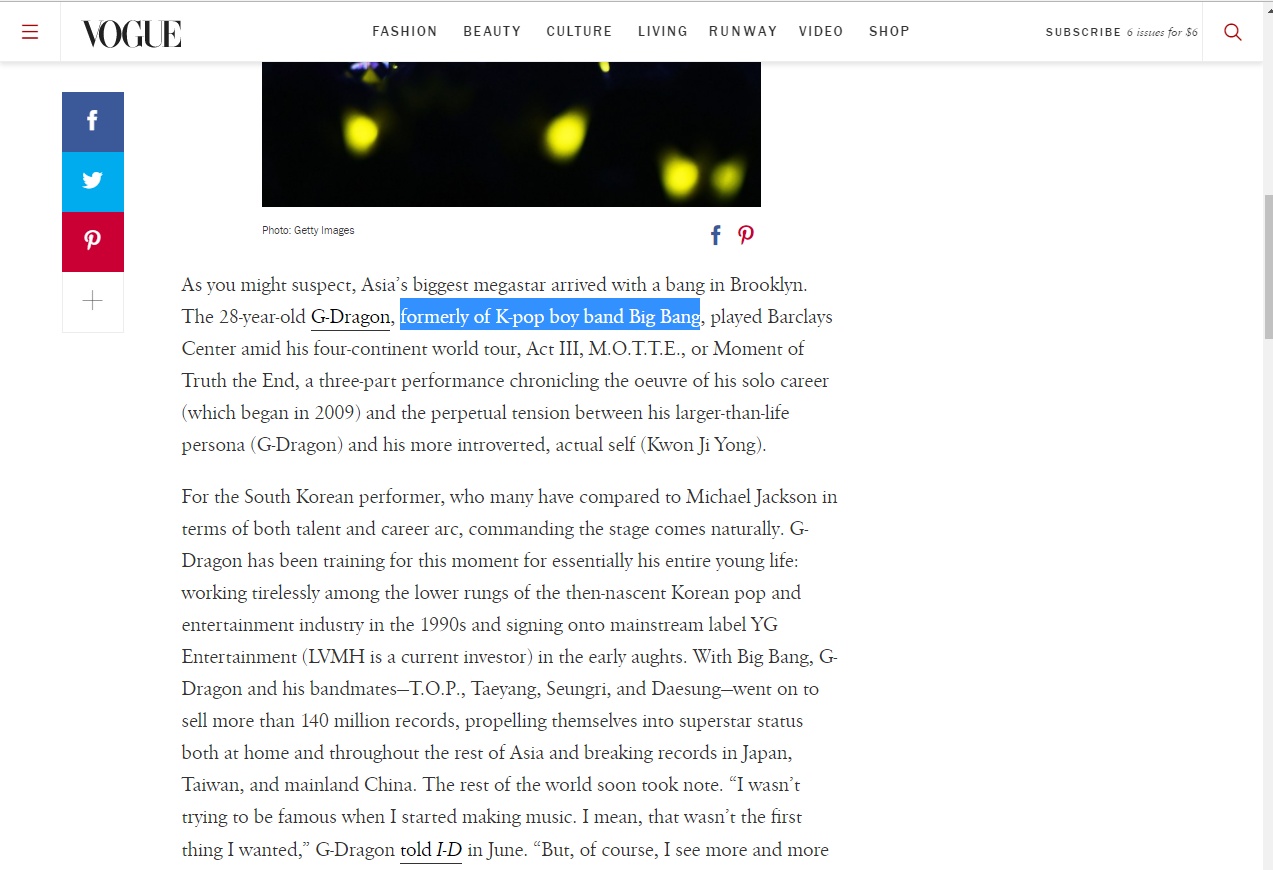 Majalah Vogue Lakukan Kesalahan Penulisan tentang G-Dragon di beritanya