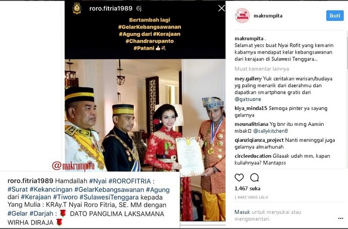 Sangar, Roro Fitria Dapat Gelar Kebangsawanan dari Kerajaan Sulawesi