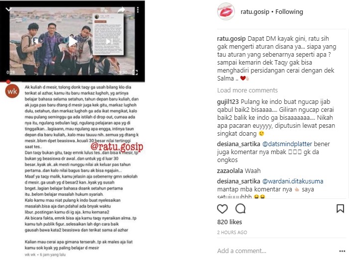 Salah Seorang Netizen Komentar Soal Sekolah Taqy Malik