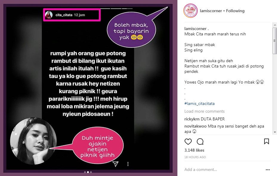 Reaksi Cita Citata Soal Komentar Netter