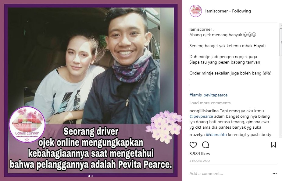 Pevita Pearce Berpose dengan Driver Ojek Online