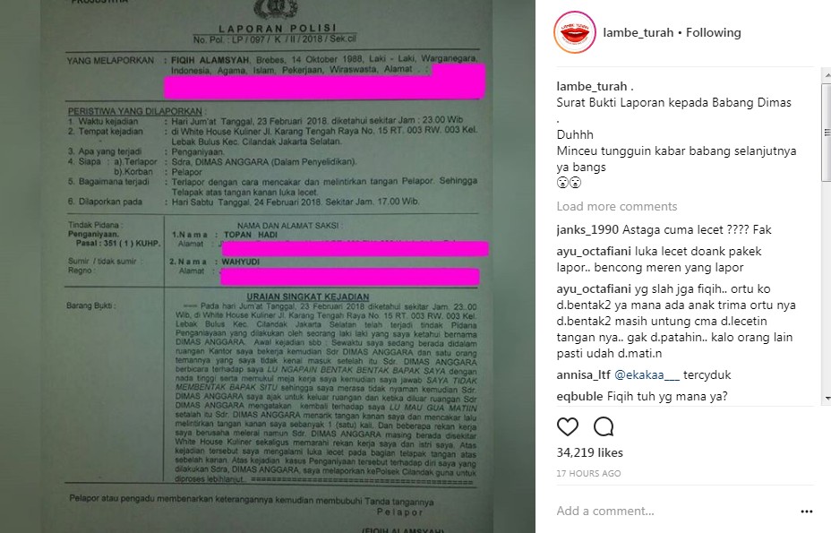 Laporan Fiqih Alamsyah Terhadap Dimas Anggara