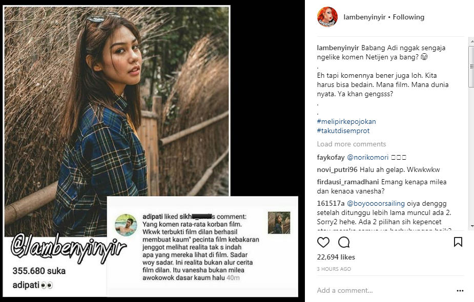 Adipati Dolken Setujui Komentar Seorang Netter di Postingannya