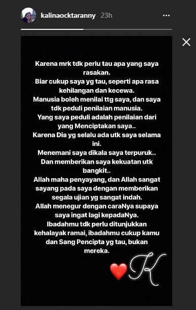 Curahan Hati Kalina Oktarani Pasca Gugat Cerai Hendrayan