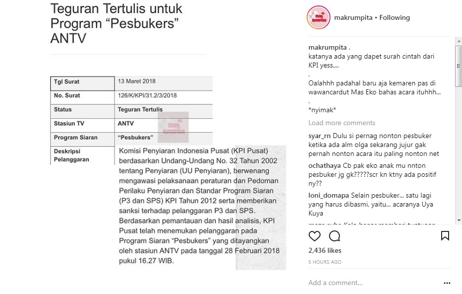 KPI Pusat Tegur Adegan di \'Pesbukers\' yang Ditayangkan pada 28 Februari 2018
