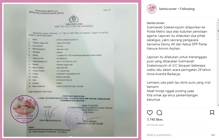 Surat Tanda Bukti Pelaporan Sukmawati Soekarnoputri Terkait Puisi \'Ibu Indonesia\'
