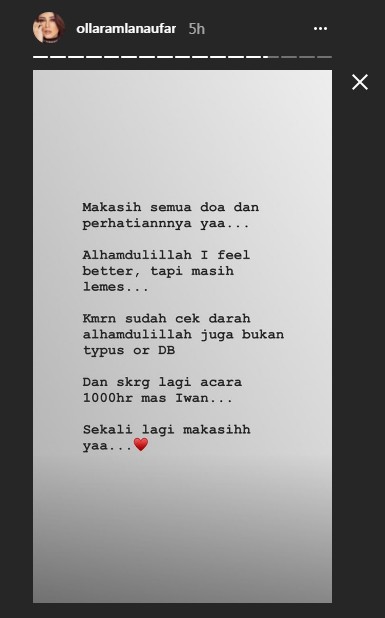 Ucapan Terma Kasih dan Rasa Syukur Olla Ramlan Terkait Kesehatannya