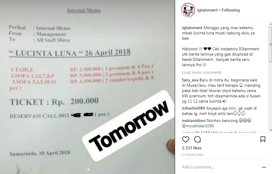 Daftar Harga Ketemu Lucinta Luna