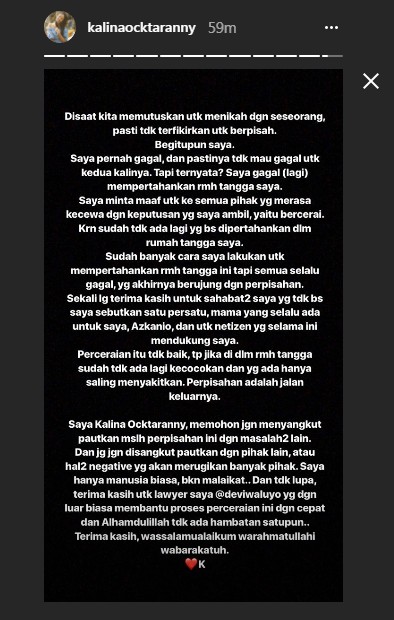 Curahan Hati Kalina Oktarani Pasca Bercerai dengan Hendrayan