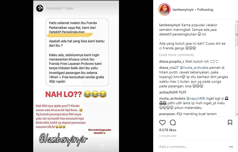 Pesan Detektif Perselingkuhan yang Dilayangkan pada Franda