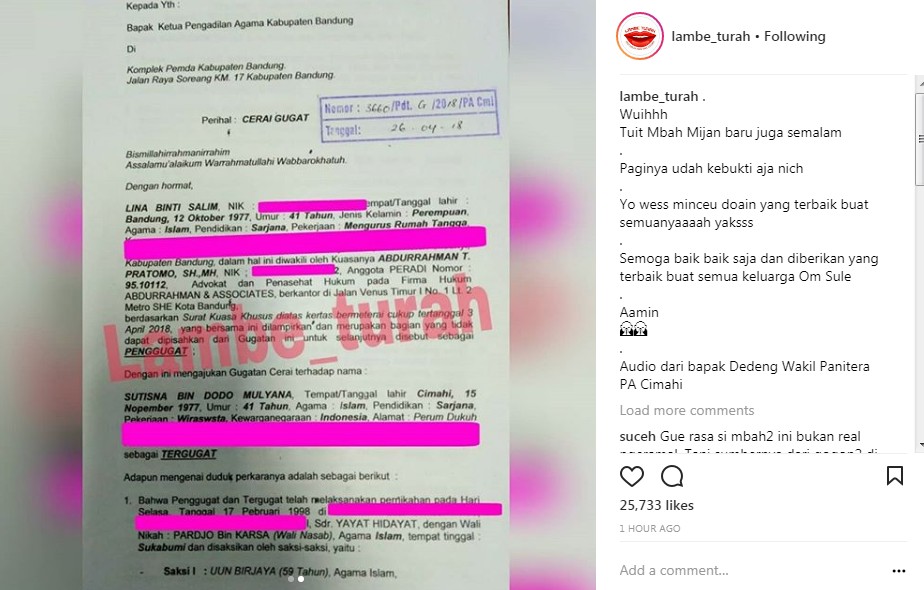 Surat Gugatan Cerai Istri Sule
