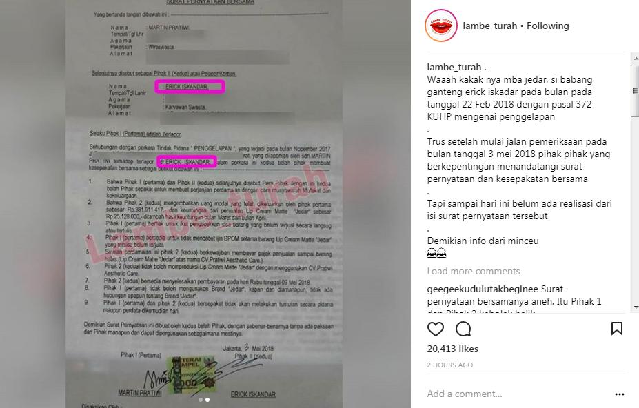 Perjanjian Perdamaian Pihak Erick dan Pelapor