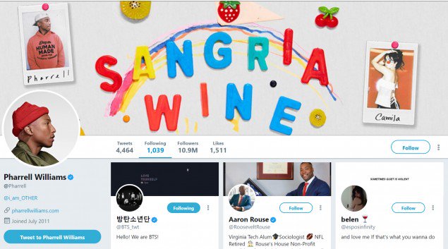 Bukti Pharrell Williams Follow Akun Twitter Milik Bangtan Boys Usai Ketemu di BBMA 2018