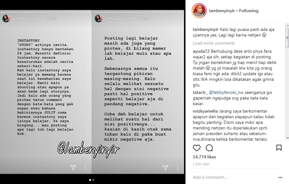 Prilly Latuconsina Disebut Pamer Karena Sering Unggah Postingan Saat Belajar