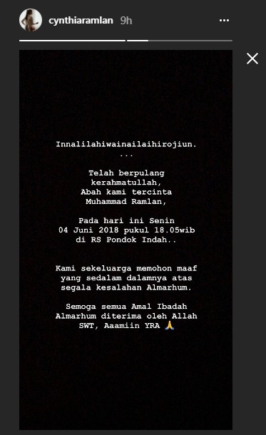 Ungkapan Duka Cynthia Ramlan Saat Ayahnya Meninggal Dunia