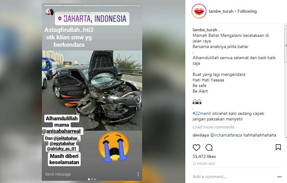 Annisa Bahar Bersyukur Tak Ada Korban Jiwa Dalam Kecelakaan Tunggal