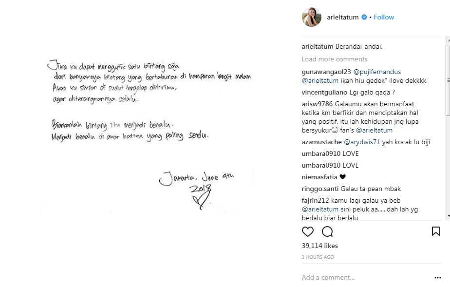 Ariel Tatum Tulis Kalimat Sendu