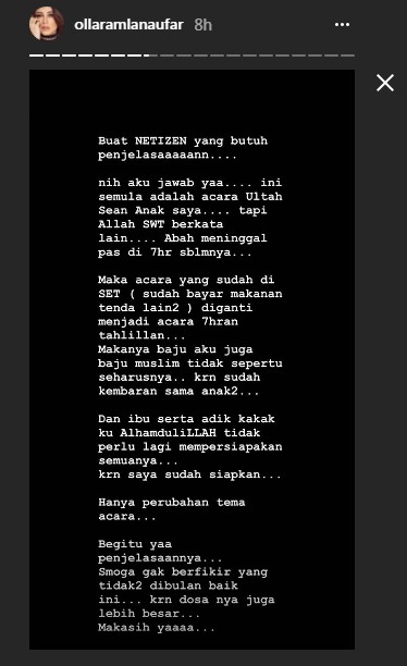 Penjelasan Olla Soal Tahlilan Sang Ayah