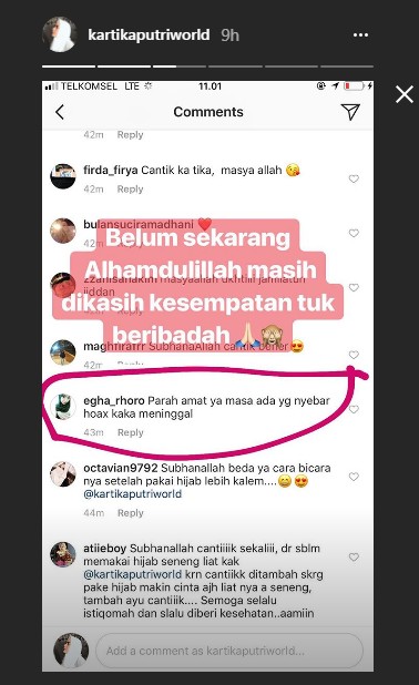 Ucapan Syukur Kartika Putri Saat Dikabarkan Meninggal Dunia