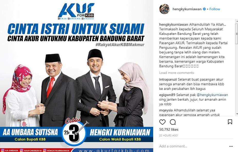 Ungkapan Syukur Hengky Kurniawan Pasca Menang Quick Count Pilkada 2018