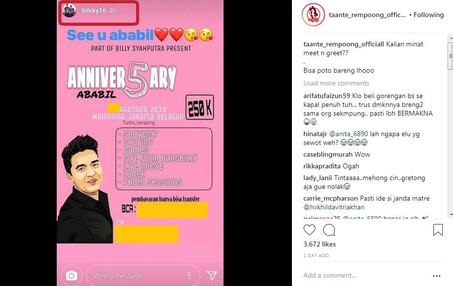 Harga Tiket Jumpa Fans Billy Syahputra