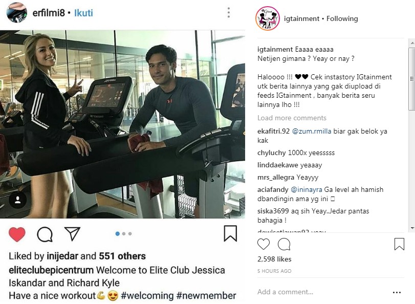 Foto Jessica Iskandar dan Richard Kyle di Pusat Kebugaran