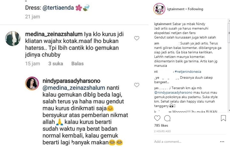 Tanggapan Menohok Nindy Saat Dikritik Kurusan