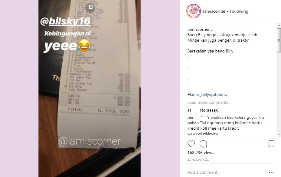 Total Tagihan Makan di Resto yang Harus Dibayar Billy Syahputra