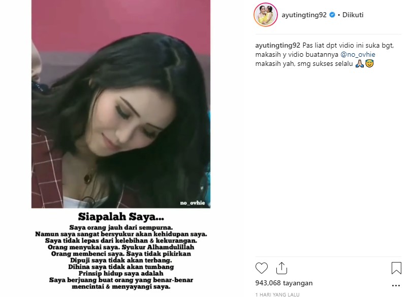 Ayu Ting Ting Unggah Ungkapan Bijak Nan Haru