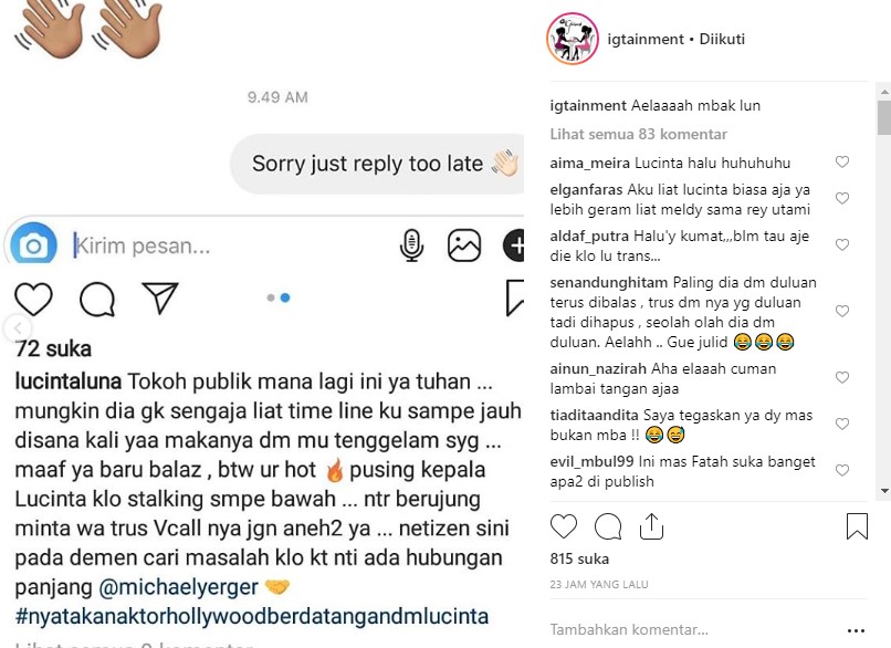 Lucinta Luna Sesumbar Peroleh DM dari Model Michael Yerger