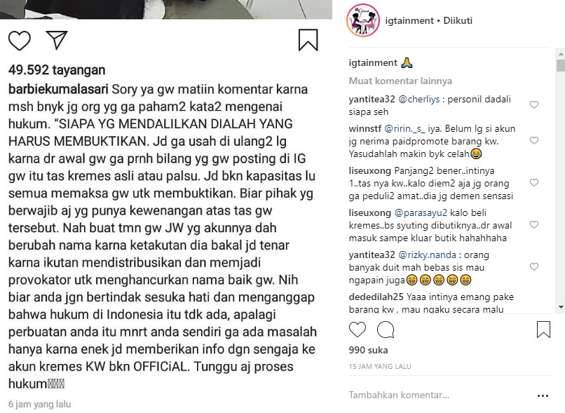 Barbie Kumalasari Kembali Sindir Admin IG Hermes Selebriti