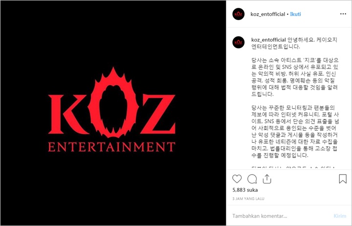 Tak Ingin Zico Jadi Sasaran Komentar Jahat Hingga Pelecehan, Agensi Siap Tempuh Jalur Hukum