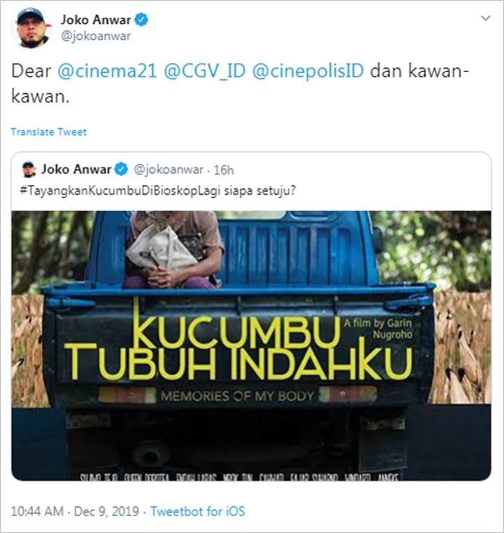 \'Kucumbu Tubuh Indahku\' Menang Banyak di FFI 2019, Joko Anwar Desak Putar Ulang di Bioskop