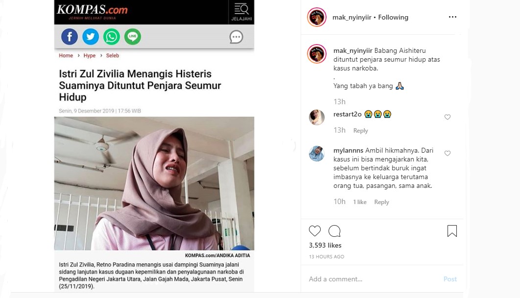 Zul Zivilia Dituntut Penjara Seumur Hidup, Istri Menangis Histeris Malah Tuai Cibiran