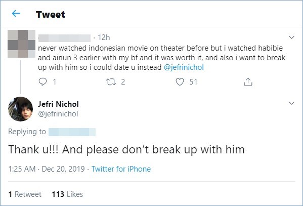 jefri nichol membalas twitter