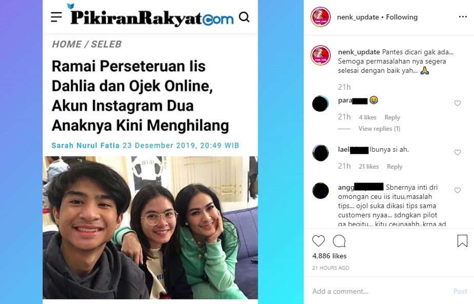 Perseteruan dengan Ojol Belum Temui Titik Terang, Lapak IG Kedua Anak Iis Dahlia Menghilang?