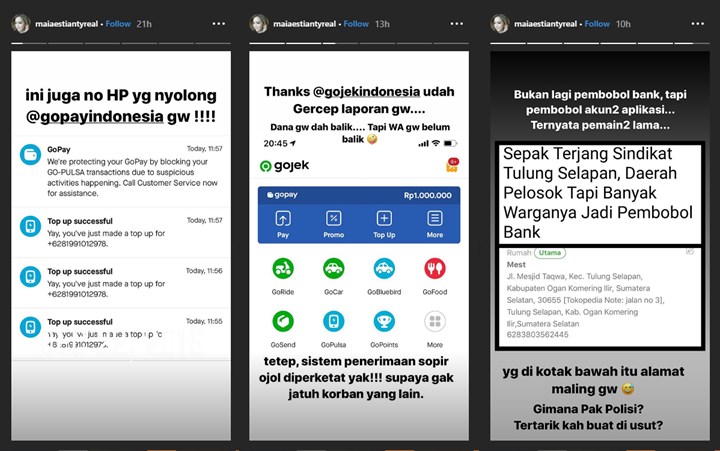 instagram story maia estianty tentang masalah penipuan ojek online