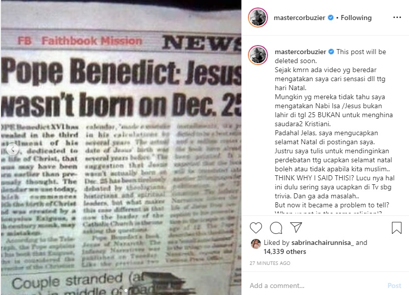 Deddy Corbuzier Angkat Bicara Soal Tudingan Tak Toleran ke Umat Kristiani