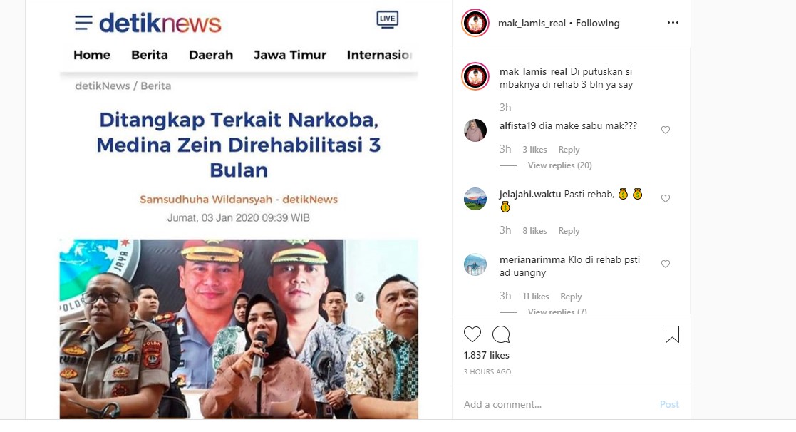 Positif \'Pemakai\', Medina Zein Direhabilitasi 3 Bulan Disambut Sinis