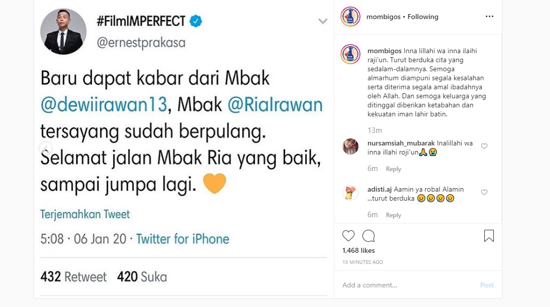 Ria Irawan Sempat Nonton \'Imperfect\' Sebelum Tutup Usia, Ernest Prakasa Tulis Ungkapan Belasungkawa