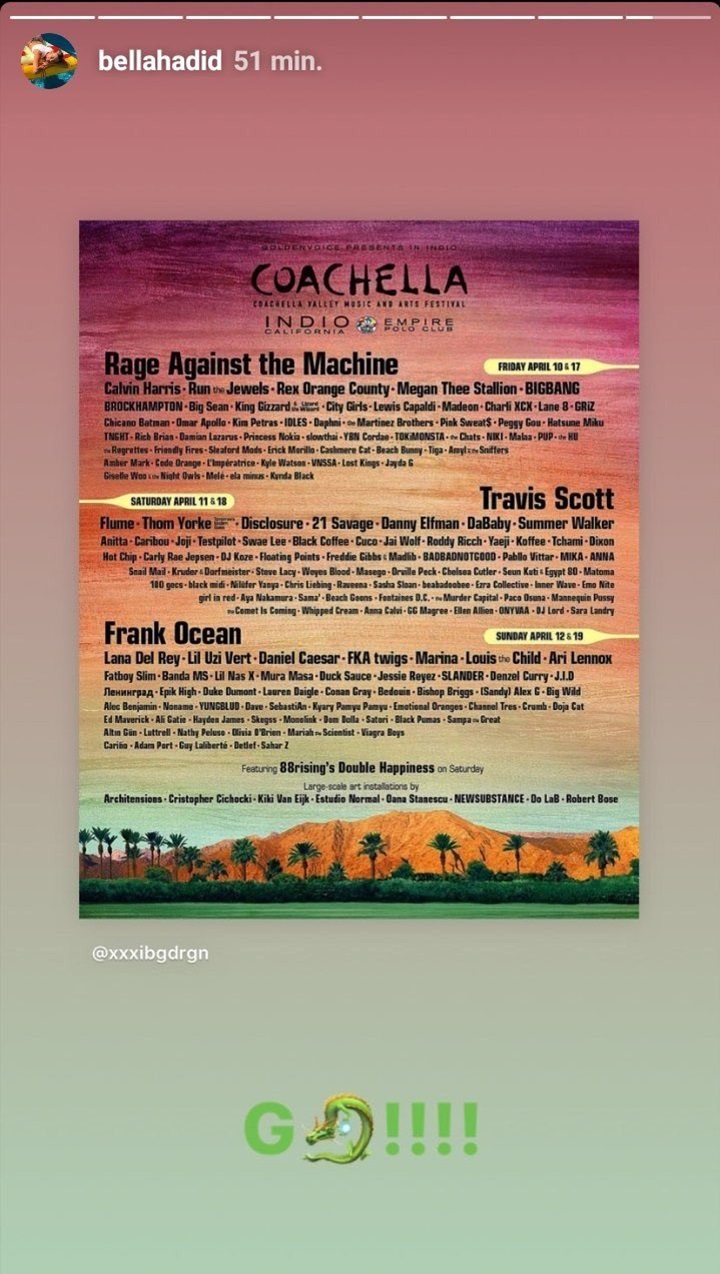 Tak Hanya Fans, Bella Hadid Ternyata Juga Tak Sabar Lihat Penampilan G-Dragon di Coachella 2020