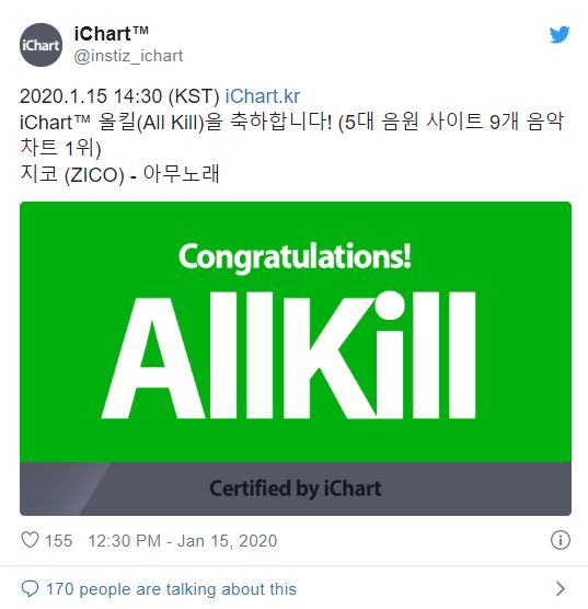 \'Any Song\' Zico Akhirnya Raih All-Kill Usai Rajai Berbagai Chart Musik