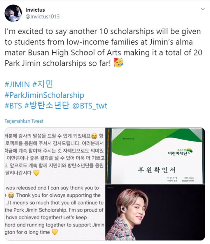 Hormati Jimin BTS, Fans Sumbang Beasiswa Ratusan Juta Ke Almamater Idolanya