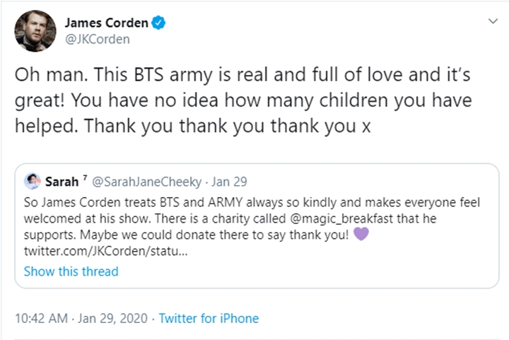 James Corden ungkap terima kasih pada fans BTS