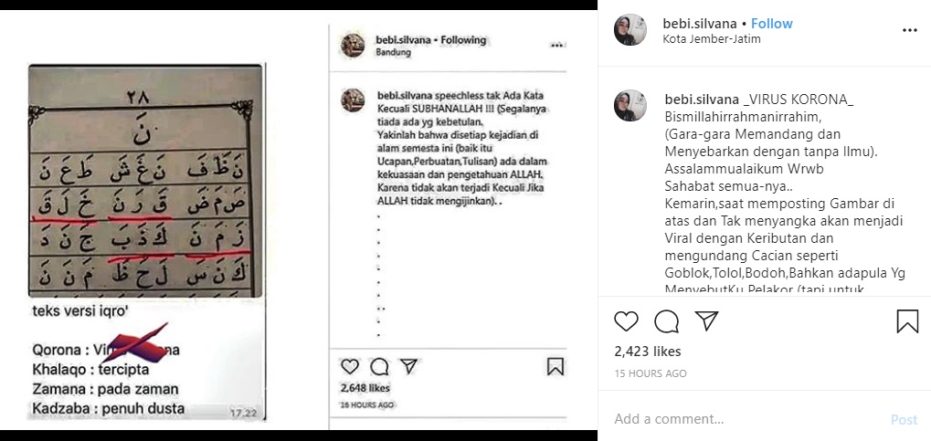 Beredar Bacaan Iqra Dikaitkan Virus Korona, Bebi Silvana Istri Opick Minta Maaf Usai Ikut-ikutan Heboh