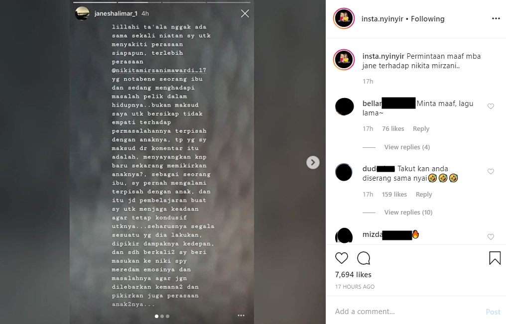 Minta Maaf ke Nikita Mirzani, Jane Shalimar Dituding Ketakutan