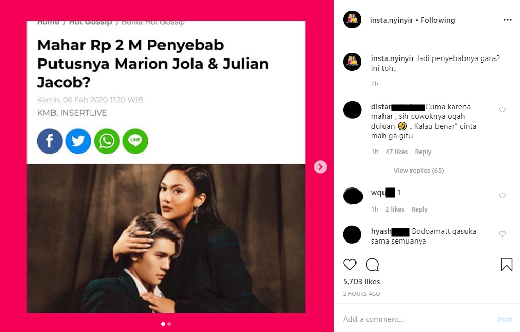 Marion Jola dan Julian Jacob Digosipkan Putus Karena Mahar 2 M, Tuai Respons Mengejutkan