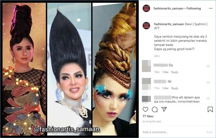 dewi persik, syahrini, dan ayu ting ting mengenakan rambut model jambul